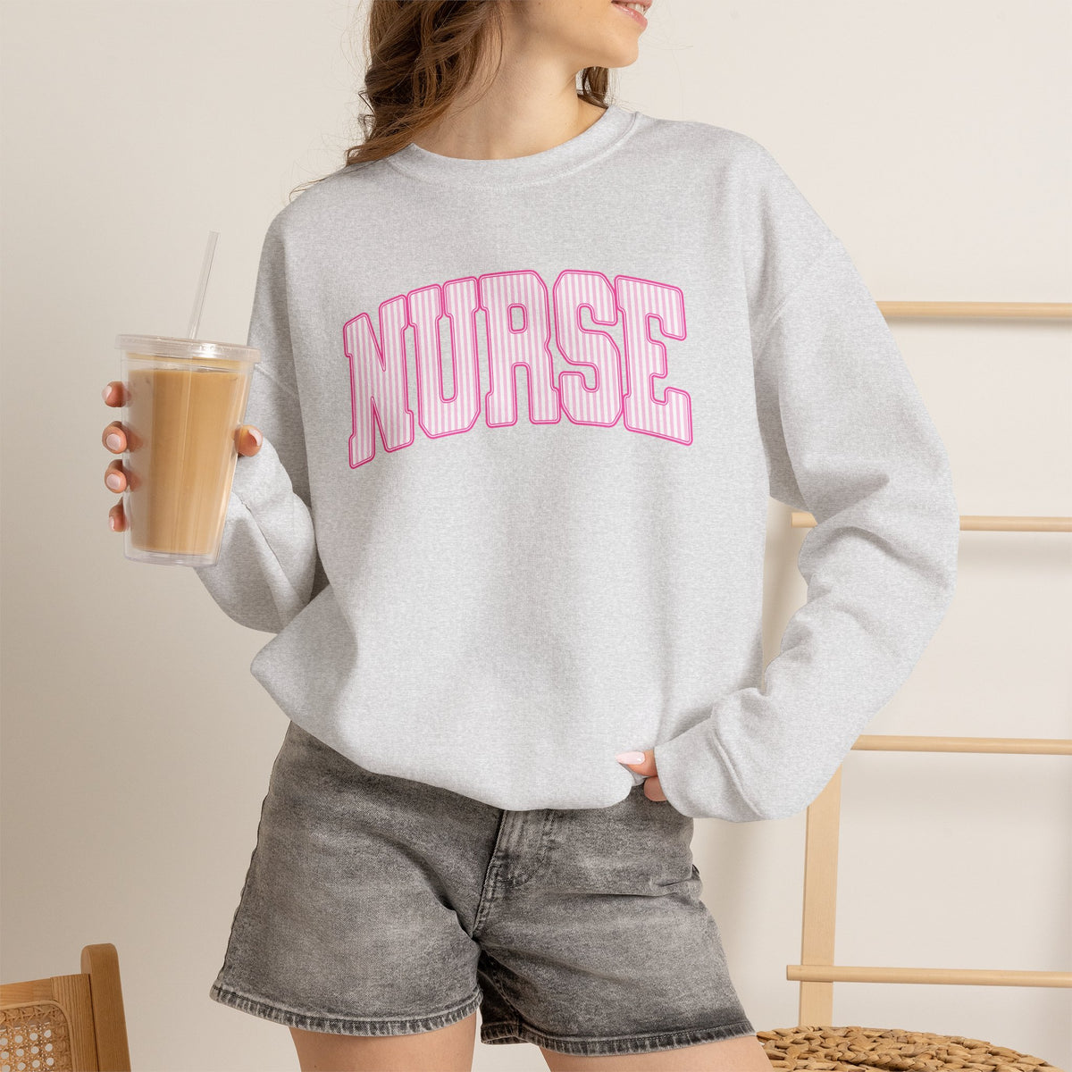 Pink Striped Varsity Nurse Gildan Unisex Heavy Blend™ Crewneck Sweatshirt for RN, LPN, GN, Student Nurse