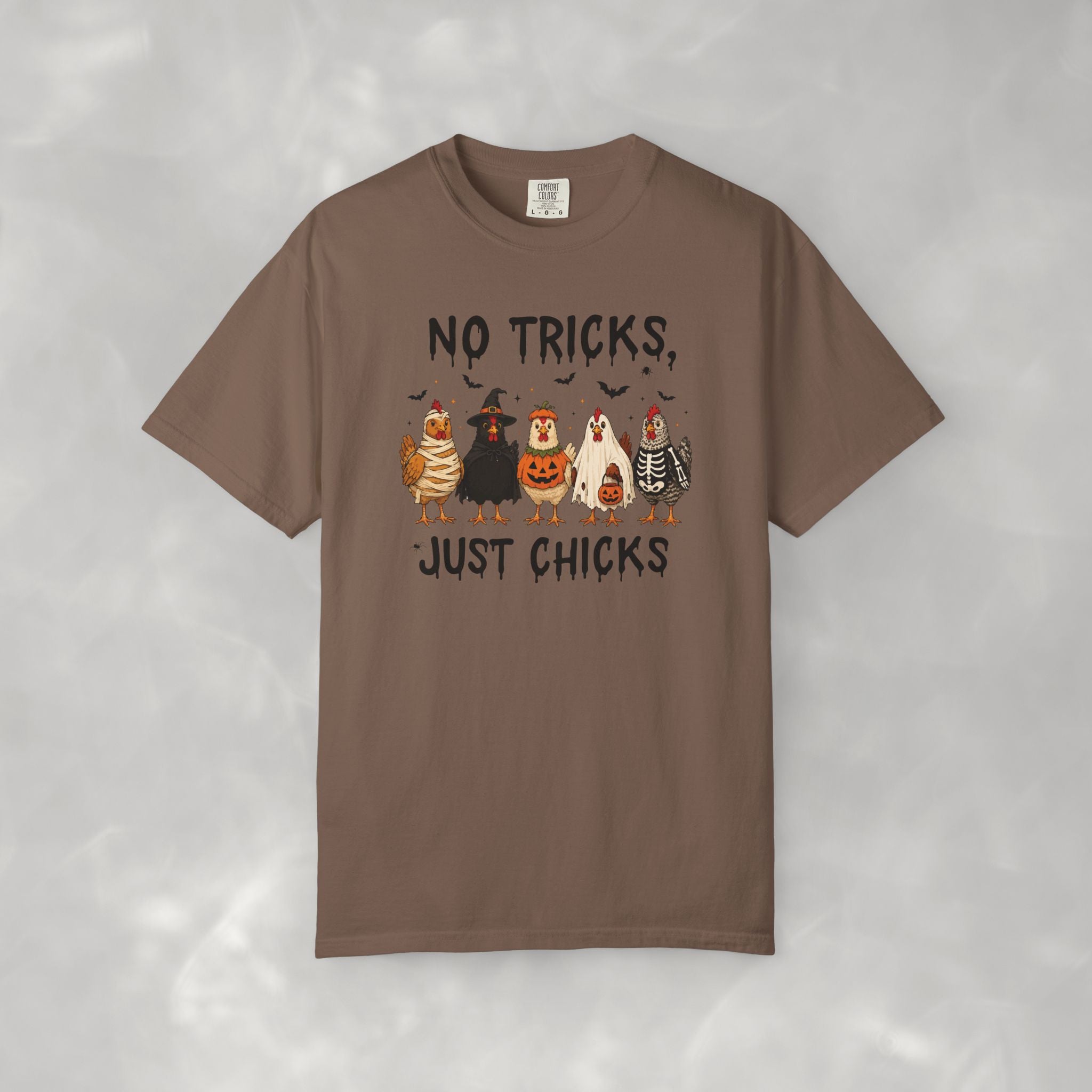 No Tricks Just Chicks, Funny Halloween Chickens in Costumes, Comfort Colors Tee