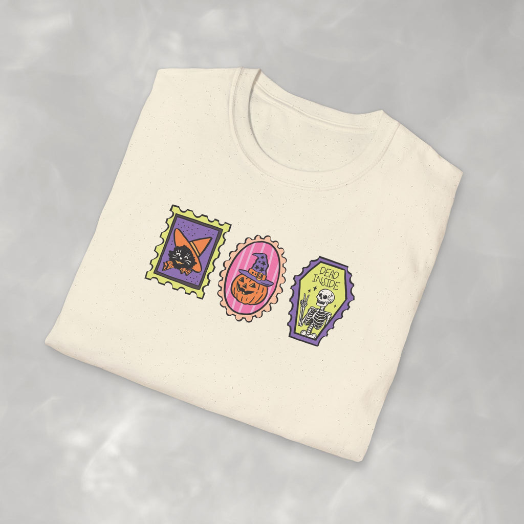 Cute Halloween Spooky Stamps with Cat, Jack-O-Lanter, Skeleton, Gildan Unisex Softstyle T-Shirt