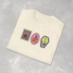 Cute Halloween Spooky Stamps with Cat, Jack-O-Lanter, Skeleton, Gildan Unisex Softstyle T-Shirt