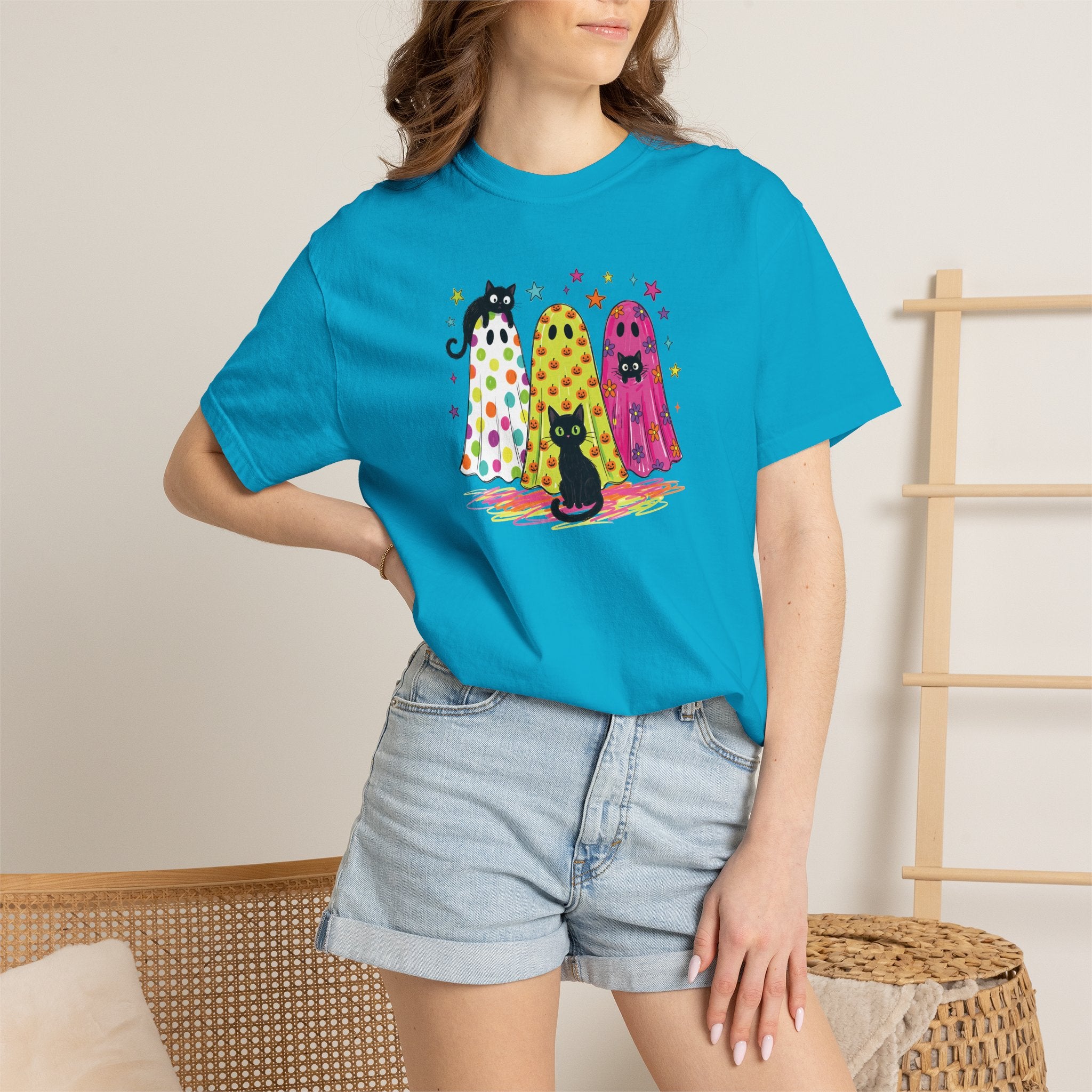 Preppy, Girly, Cute Halloween Ghosts with Cats, Comfort Colors Tee