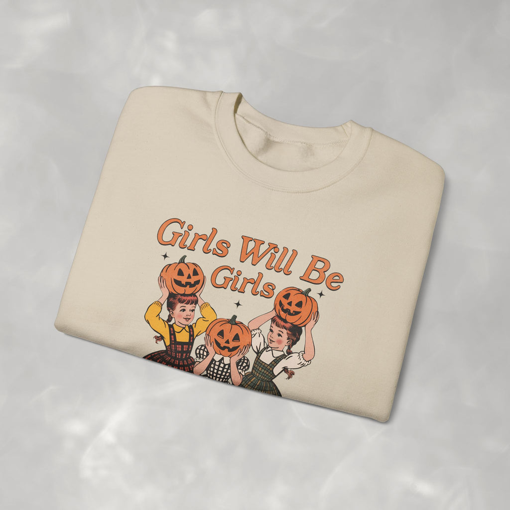 Girls Will Be Girls, Funny Retro Vintage Halloween, Unisex Heavy Blend™ Crewneck Sweatshirt