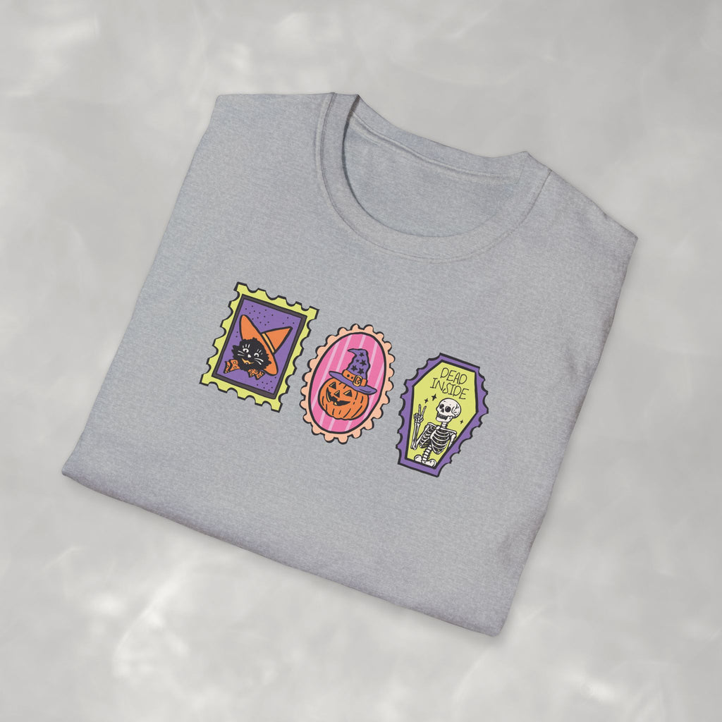 Cute Halloween Spooky Stamps with Cat, Jack-O-Lanter, Skeleton, Gildan Unisex Softstyle T-Shirt