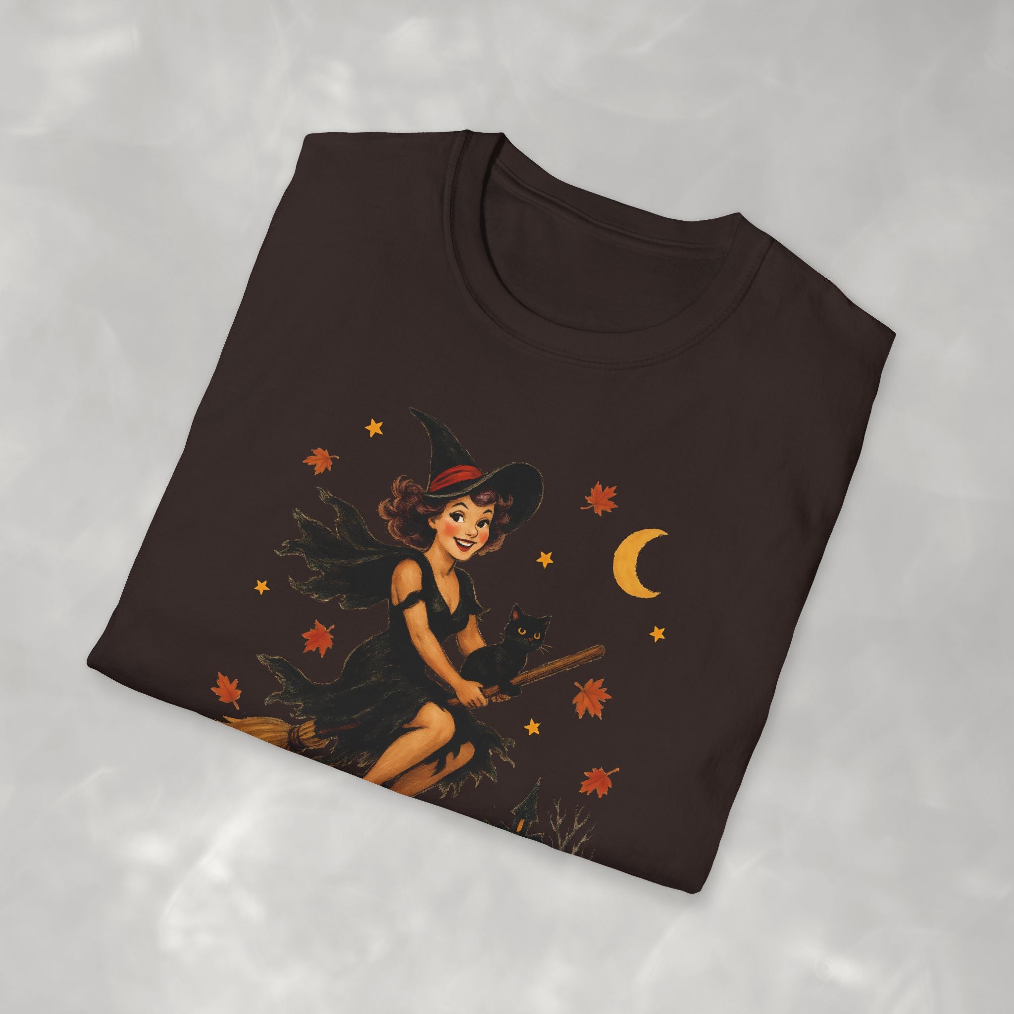 Vintage Witch Riding on Broomstick with Black Cat, Retro Halloween, Gildan Unisex Softstyle T-Shirt