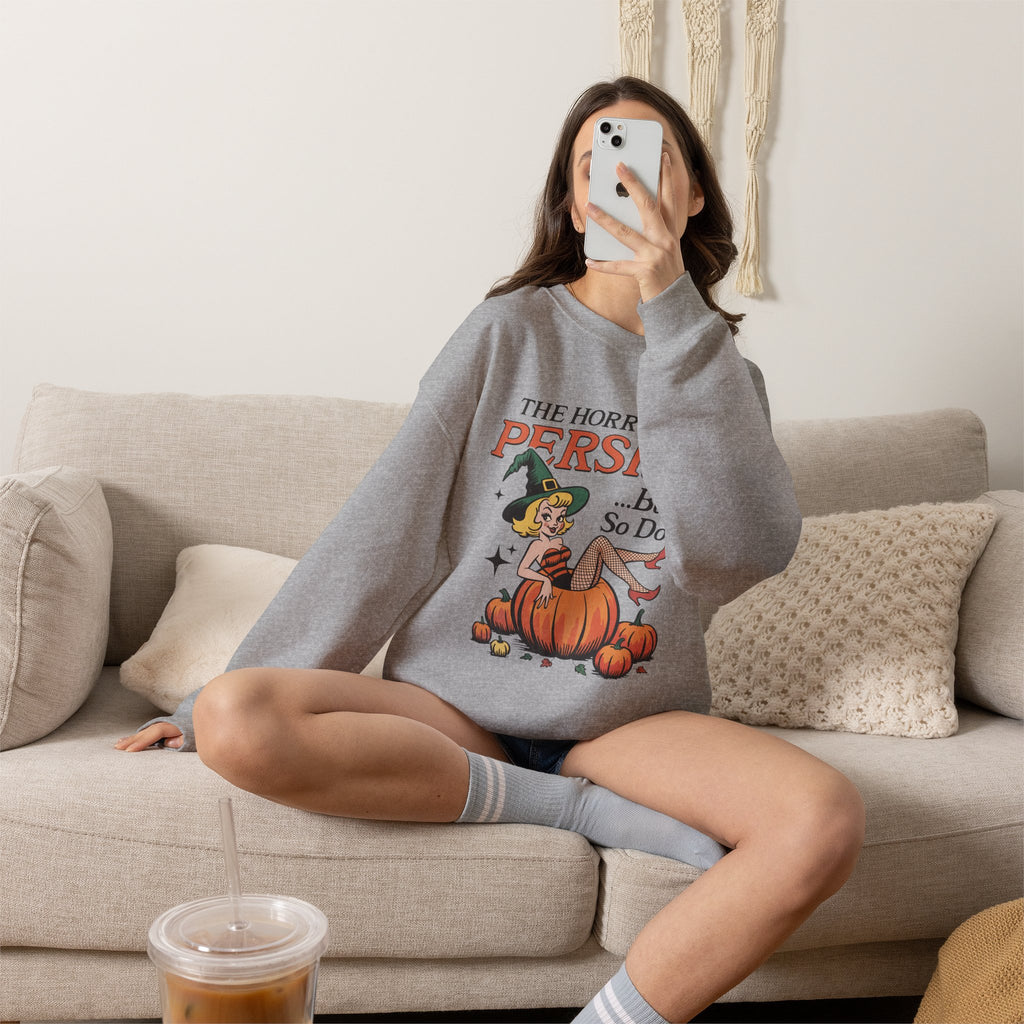 The Horrors Persist but So Do I, Funny Vintage Retro Halloween, Gildan Unisex Heavy Blend™ Crewneck Sweatshirt