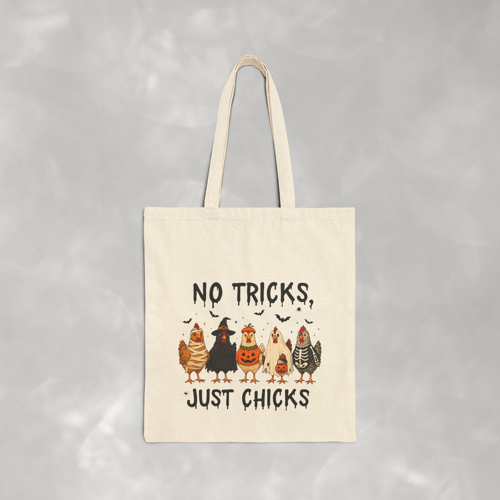 No Tricks Just Chicks, Funny Halloween Chickens in Costumes, Double-Sided Cotton Canvas Tote Bag