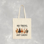 No Tricks Just Chicks, Funny Halloween Chickens in Costumes, Double-Sided Cotton Canvas Tote Bag