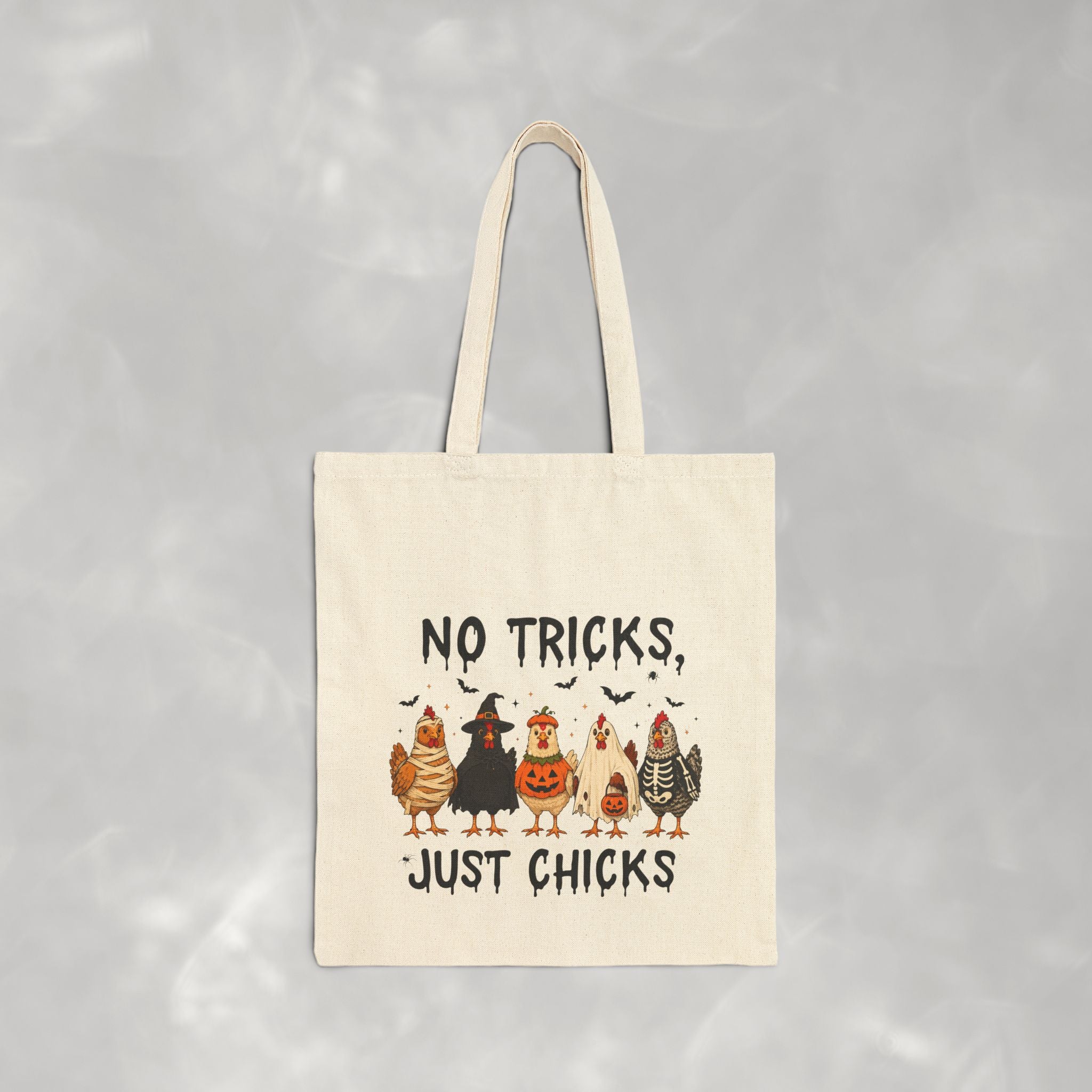 No Tricks Just Chicks, Funny Halloween Chickens in Costumes, Double-Sided Cotton Canvas Tote Bag