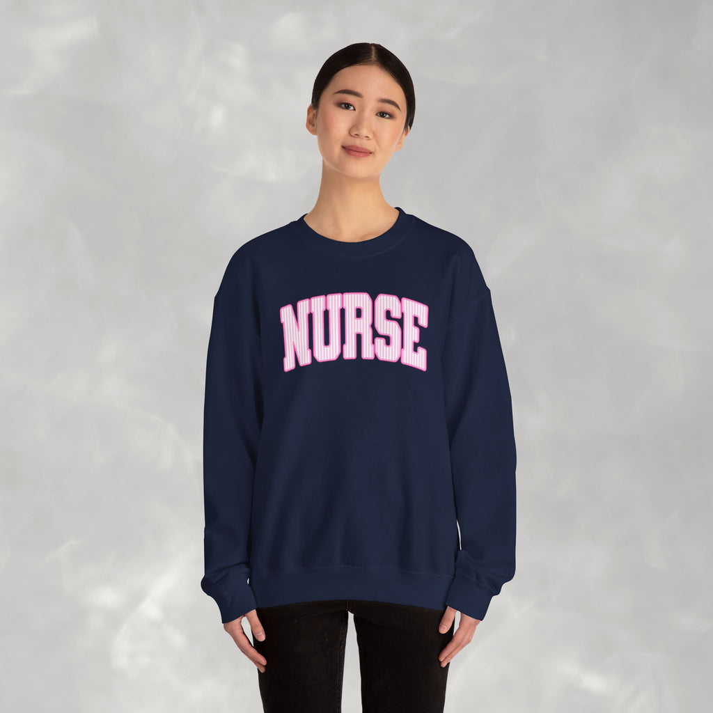 Pink Striped Varsity Nurse Gildan Unisex Heavy Blend™ Crewneck Sweatshirt for RN, LPN, GN, Student Nurse