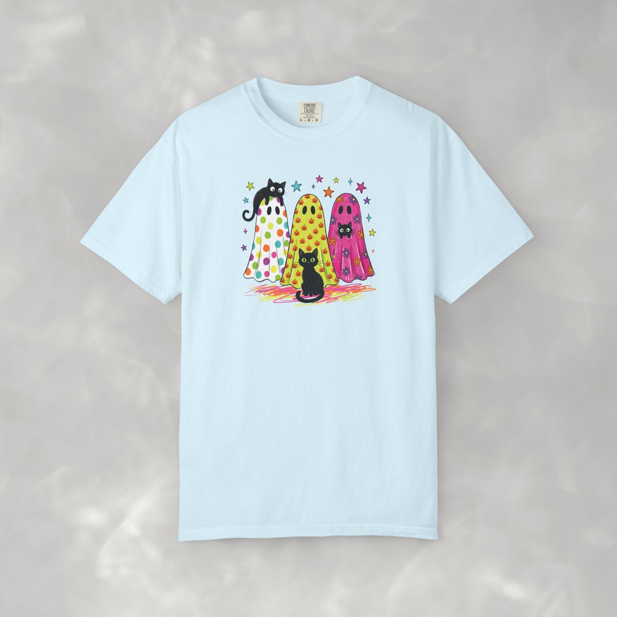 Preppy, Girly, Cute Halloween Ghosts with Cats, Comfort Colors Tee