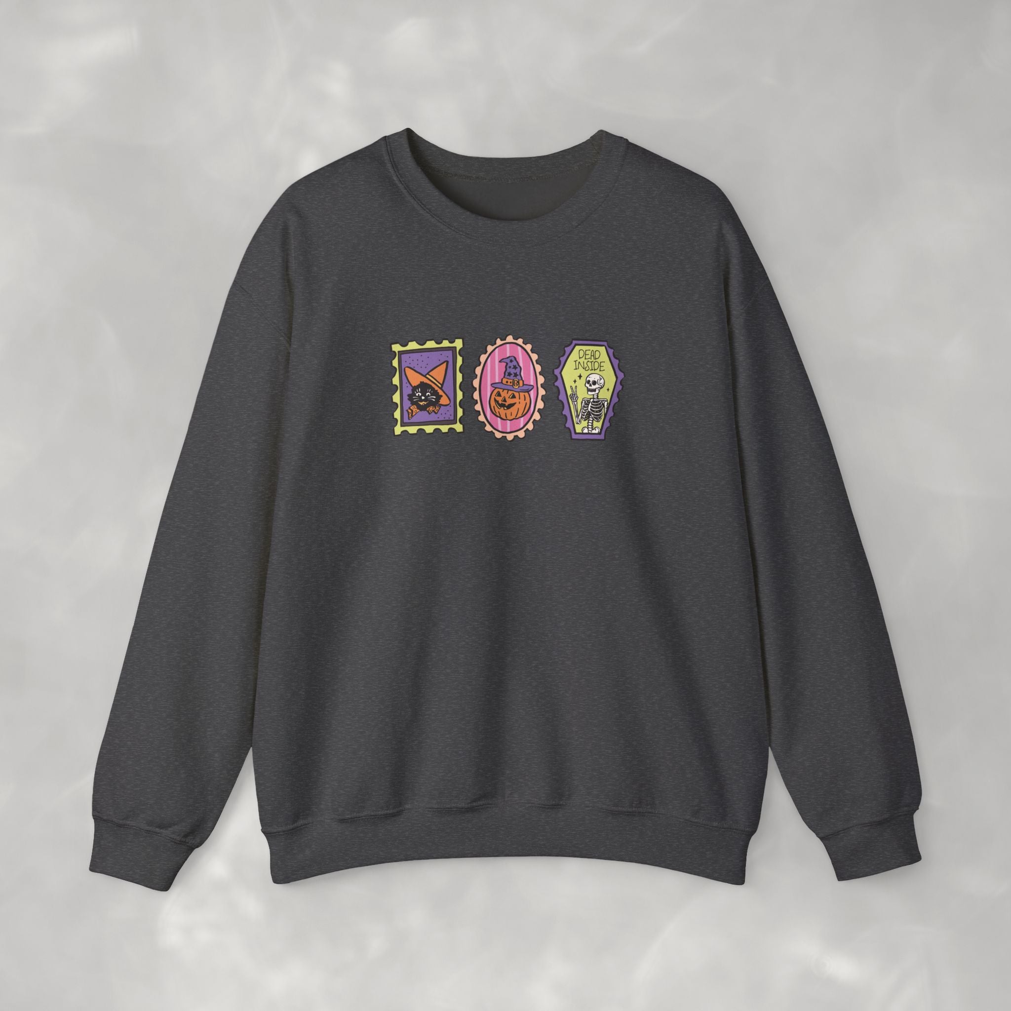Cute Halloween Spooky Stamps with Cat, Jack-O-Lanter, Skeleton, Gildan Unisex Heavy Blend™ Crewneck Sweatshirt