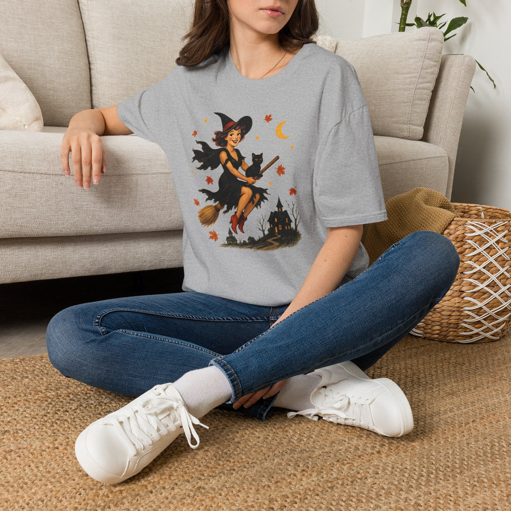 Vintage Witch Riding on Broomstick with Black Cat, Retro Halloween, Gildan Unisex Softstyle T-Shirt