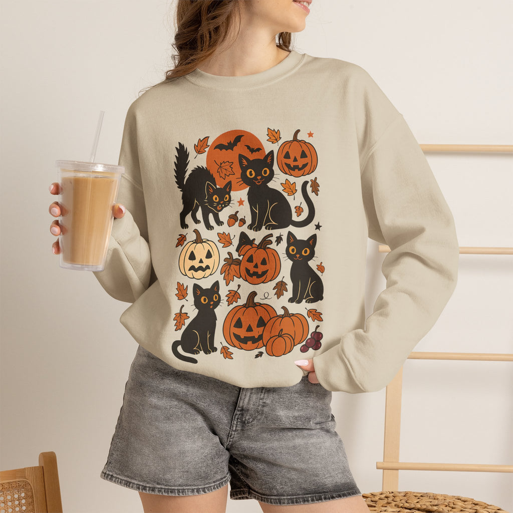 Spooky Black Cats and Jack-O-Lanterns, Gildan Unisex Heavy Blend™ Crewneck Sweatshirt