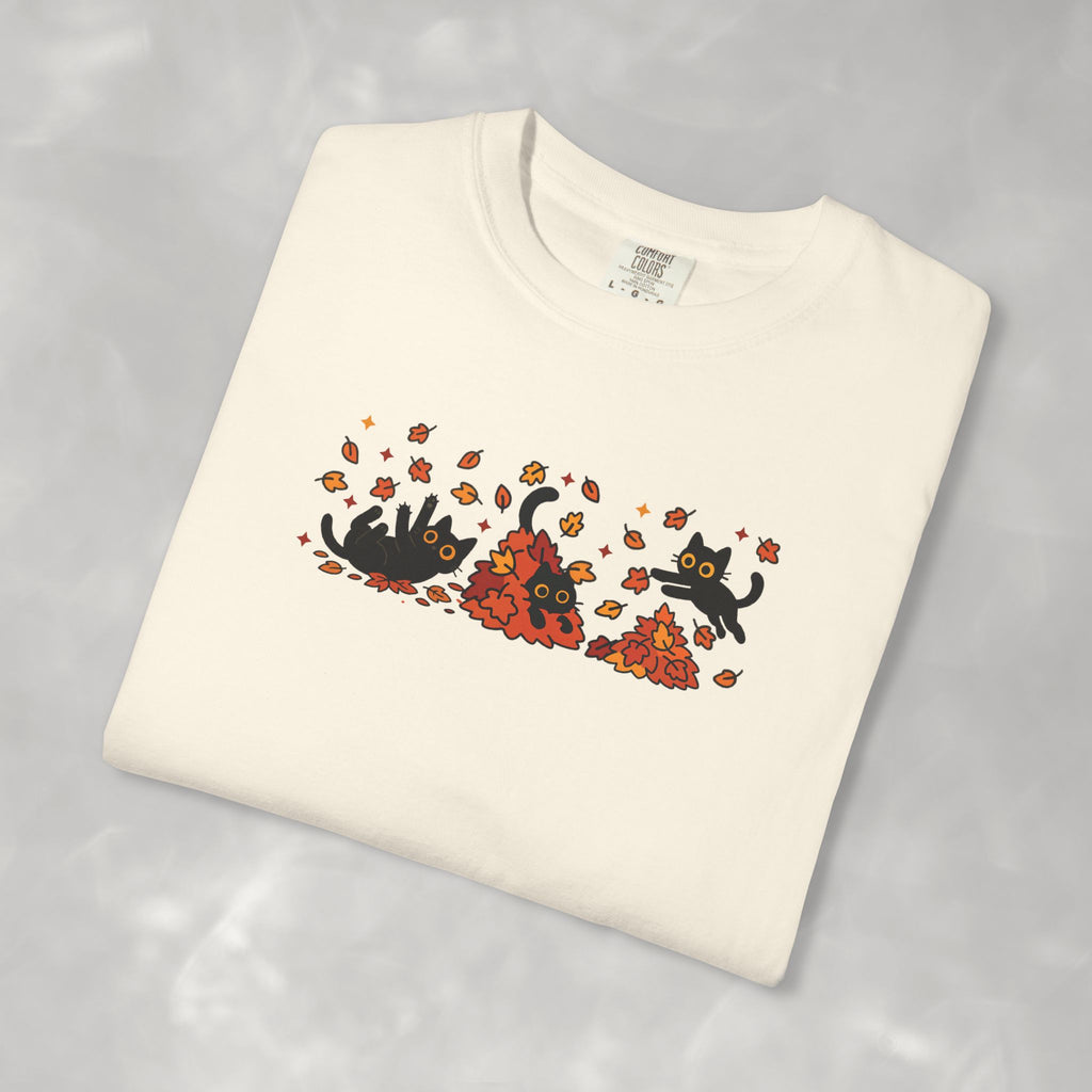Cute Black Cats Playing in Autumn Leaves Comfort Colors Tee