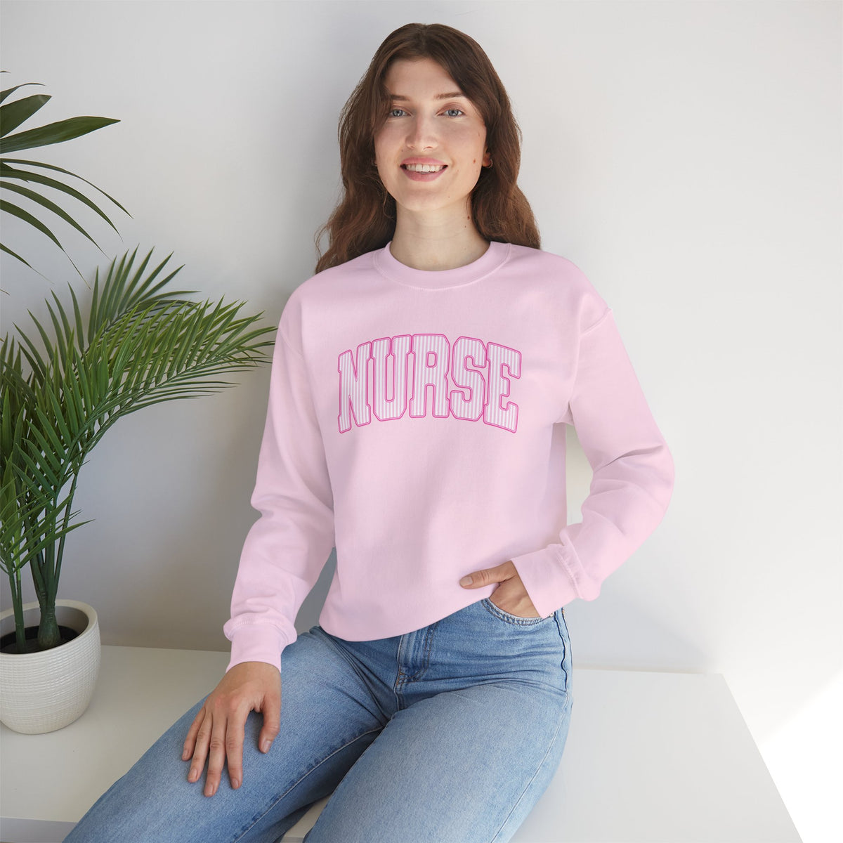Pink Striped Varsity Nurse Gildan Unisex Heavy Blend™ Crewneck Sweatshirt for RN, LPN, GN, Student Nurse