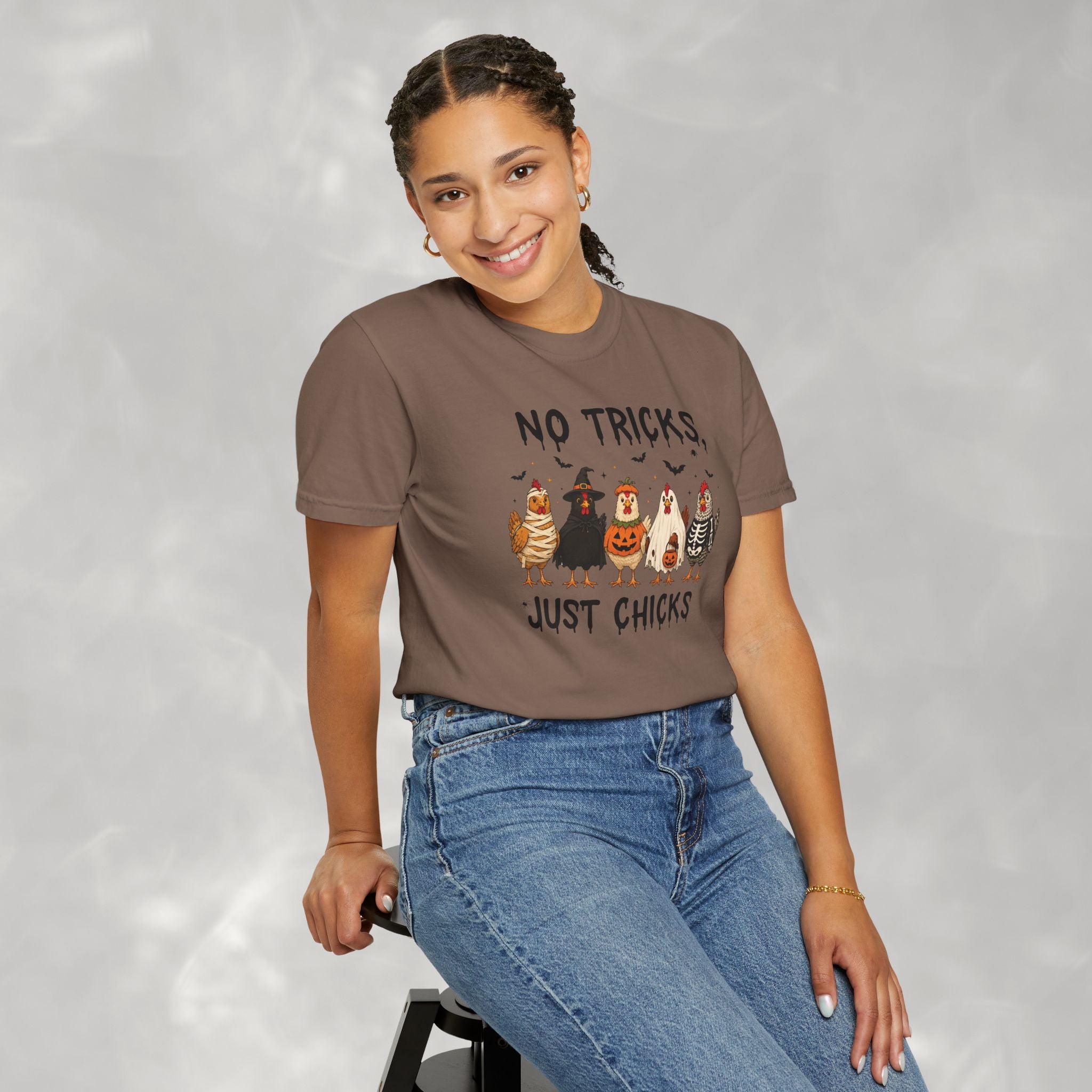 No Tricks Just Chicks, Funny Halloween Chickens in Costumes, Comfort Colors Tee