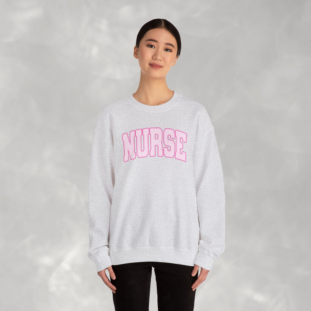 Pink Striped Varsity Nurse Gildan Unisex Heavy Blend™ Crewneck Sweatshirt for RN, LPN, GN, Student Nurse