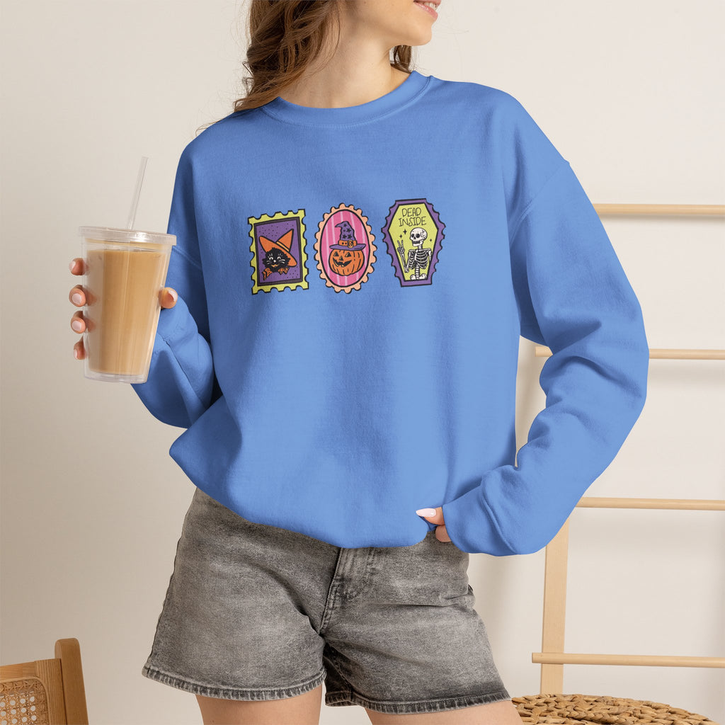 Cute Halloween Spooky Stamps with Cat, Jack-O-Lanter, Skeleton, Gildan Unisex Heavy Blend™ Crewneck Sweatshirt