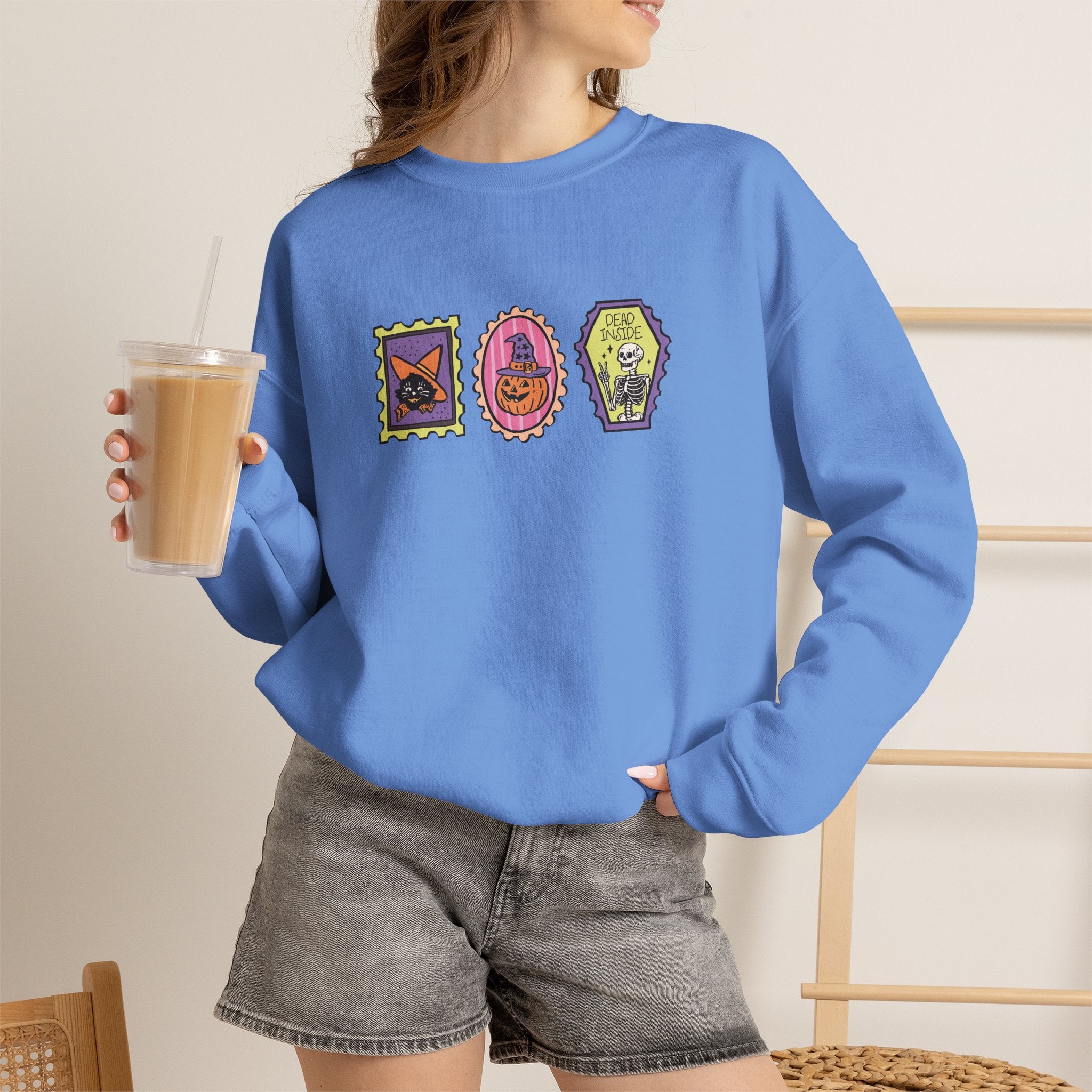 Cute Halloween Spooky Stamps with Cat, Jack-O-Lanter, Skeleton, Gildan Unisex Heavy Blend™ Crewneck Sweatshirt