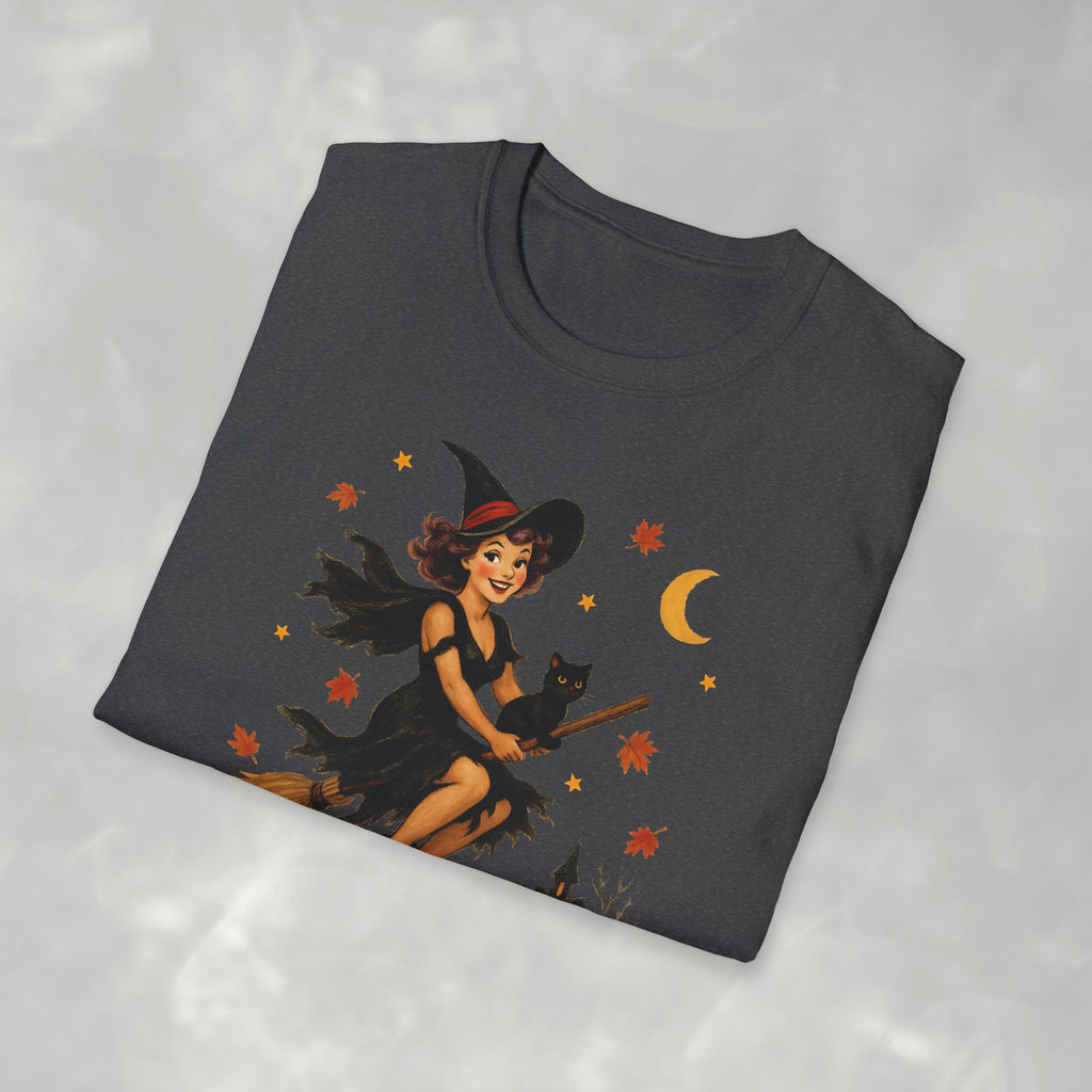 Vintage Witch Riding on Broomstick with Black Cat, Retro Halloween, Gildan Unisex Softstyle T-Shirt
