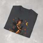 Vintage Witch Riding on Broomstick with Black Cat, Retro Halloween, Gildan Unisex Softstyle T-Shirt