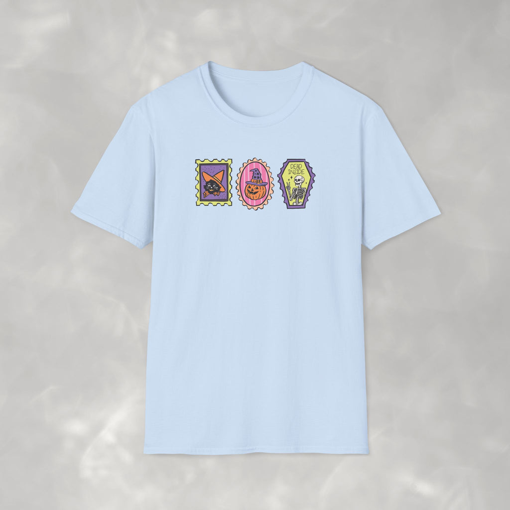 Cute Halloween Spooky Stamps with Cat, Jack-O-Lanter, Skeleton, Gildan Unisex Softstyle T-Shirt
