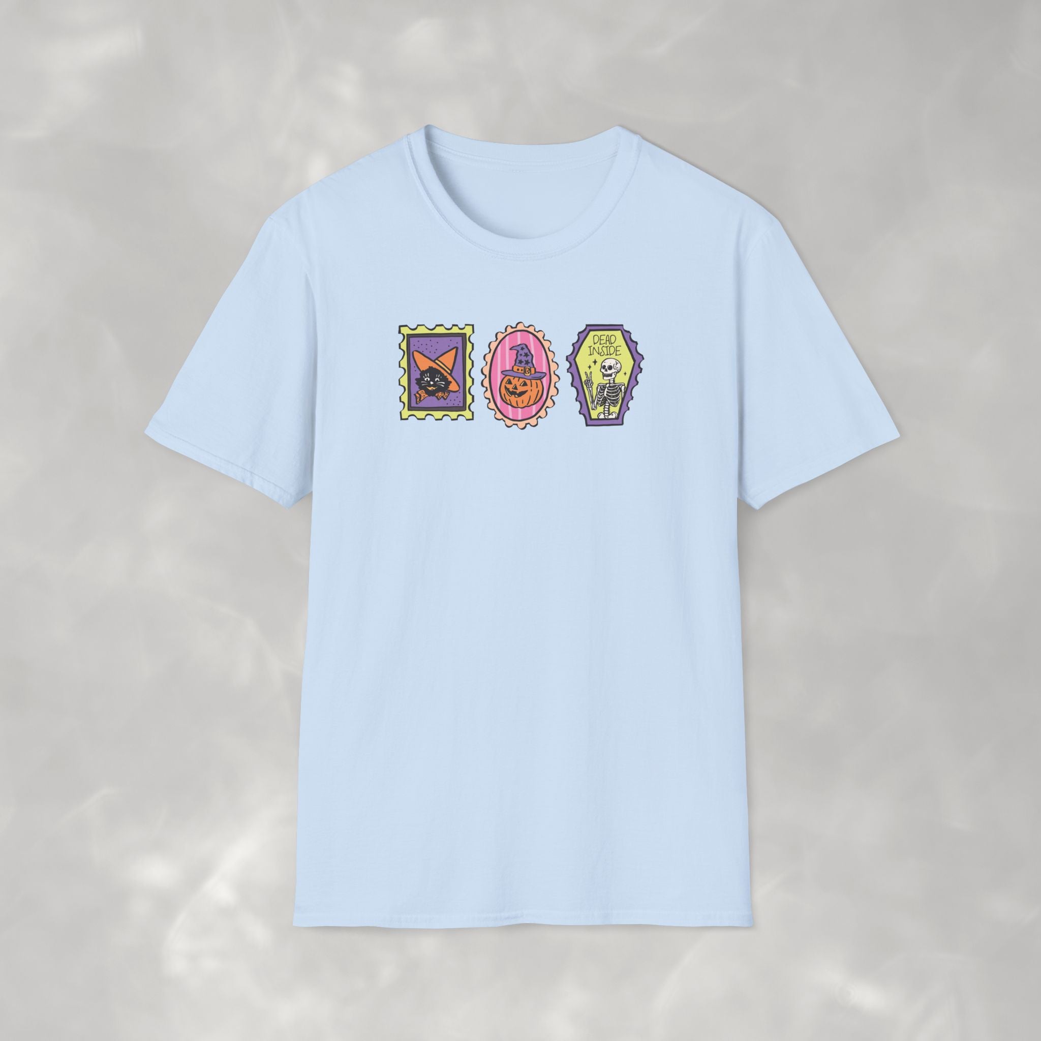 Cute Halloween Spooky Stamps with Cat, Jack-O-Lanter, Skeleton, Gildan Unisex Softstyle T-Shirt