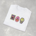 Cute Halloween Spooky Stamps with Cat, Jack-O-Lanter, Skeleton, Gildan Unisex Softstyle T-Shirt