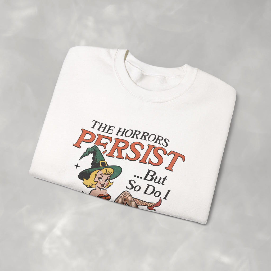 The Horrors Persist but So Do I, Funny Vintage Retro Halloween, Gildan Unisex Heavy Blend™ Crewneck Sweatshirt