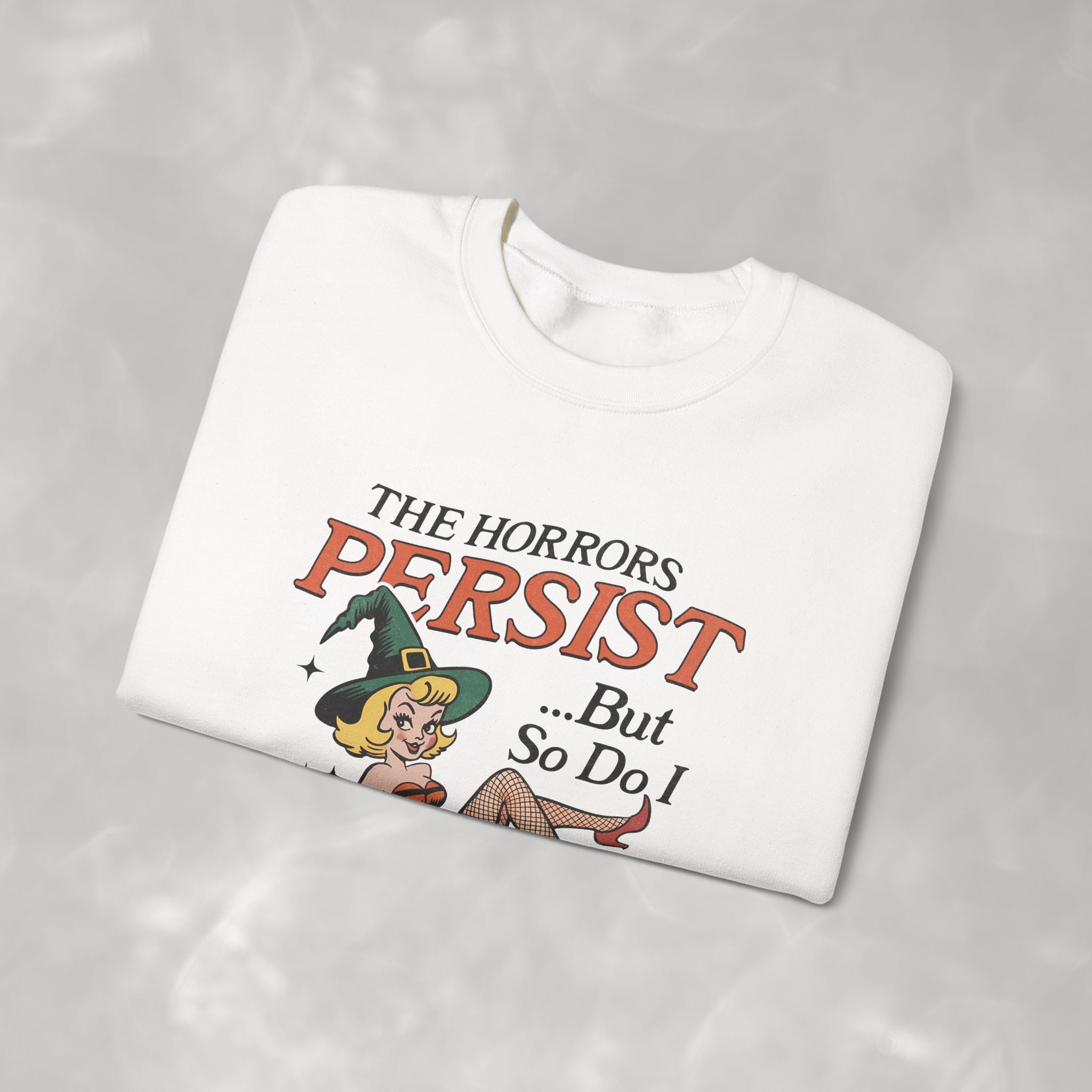 The Horrors Persist but So Do I, Funny Vintage Retro Halloween, Gildan Unisex Heavy Blend™ Crewneck Sweatshirt