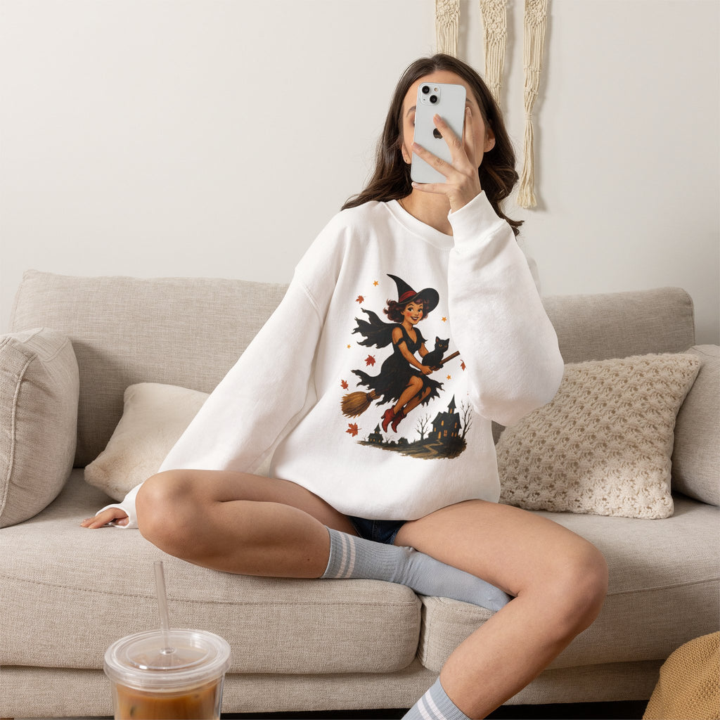 Vintage Witch Riding on Broomstick with Black Cat, Retro Halloween, Gildan Unisex Heavy Blend™ Crewneck Sweatshirt