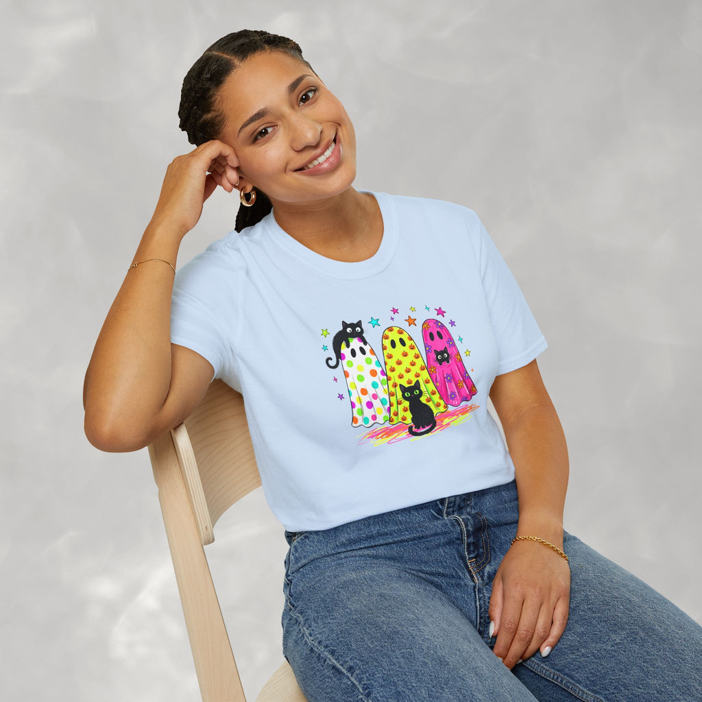 Preppy, Girly, Cute Halloween Ghosts with Cats, Gildan Unisex Softstyle T-Shirt