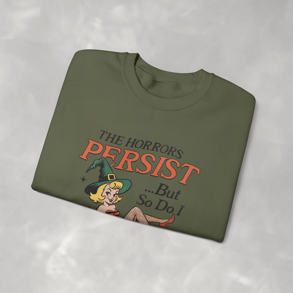 The Horrors Persist but So Do I, Funny Vintage Retro Halloween, Gildan Unisex Heavy Blend™ Crewneck Sweatshirt