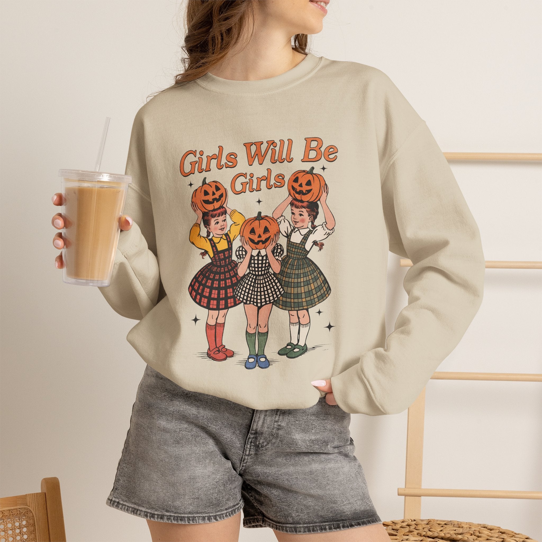 Girls Will Be Girls, Funny Retro Vintage Halloween, Unisex Heavy Blend™ Crewneck Sweatshirt