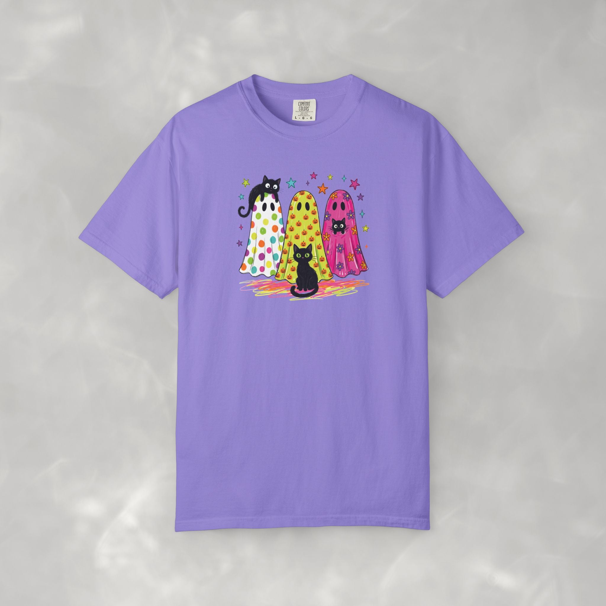Preppy, Girly, Cute Halloween Ghosts with Cats, Comfort Colors Tee