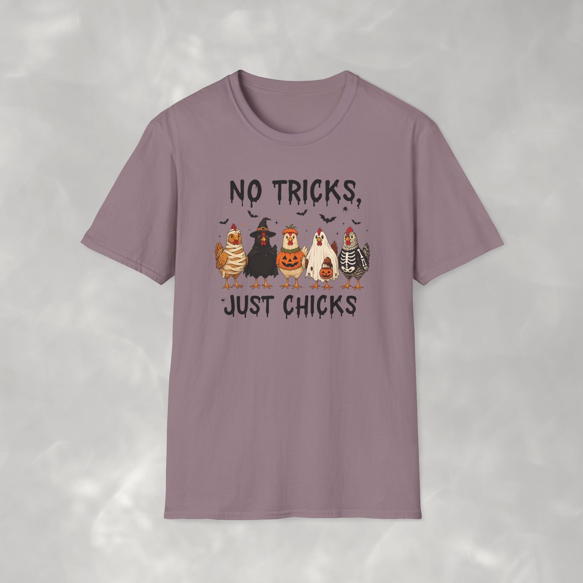 No Tricks Just Chicks, Funny Halloween Chickens in Costumes, Gildan Unisex Softstyle T-Shirt