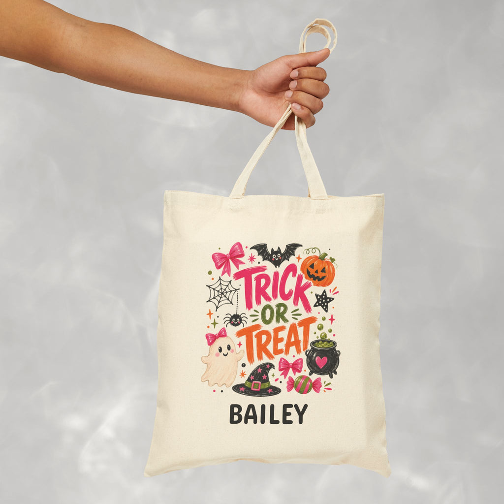 Personalized, Custom Trick-or-Treat, Halloween, Reusable Double-Sided Cotton Canvas Tote Bag for Girls
