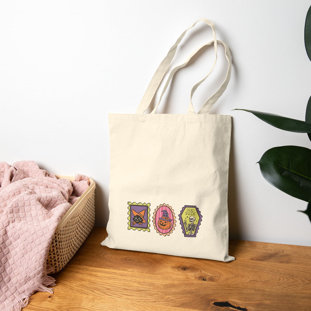 Cute Halloween Spooky Stamps with Cat, Jack-O-Lanter, Skeleton, Double-Sided Cotton Canvas Tote Bag