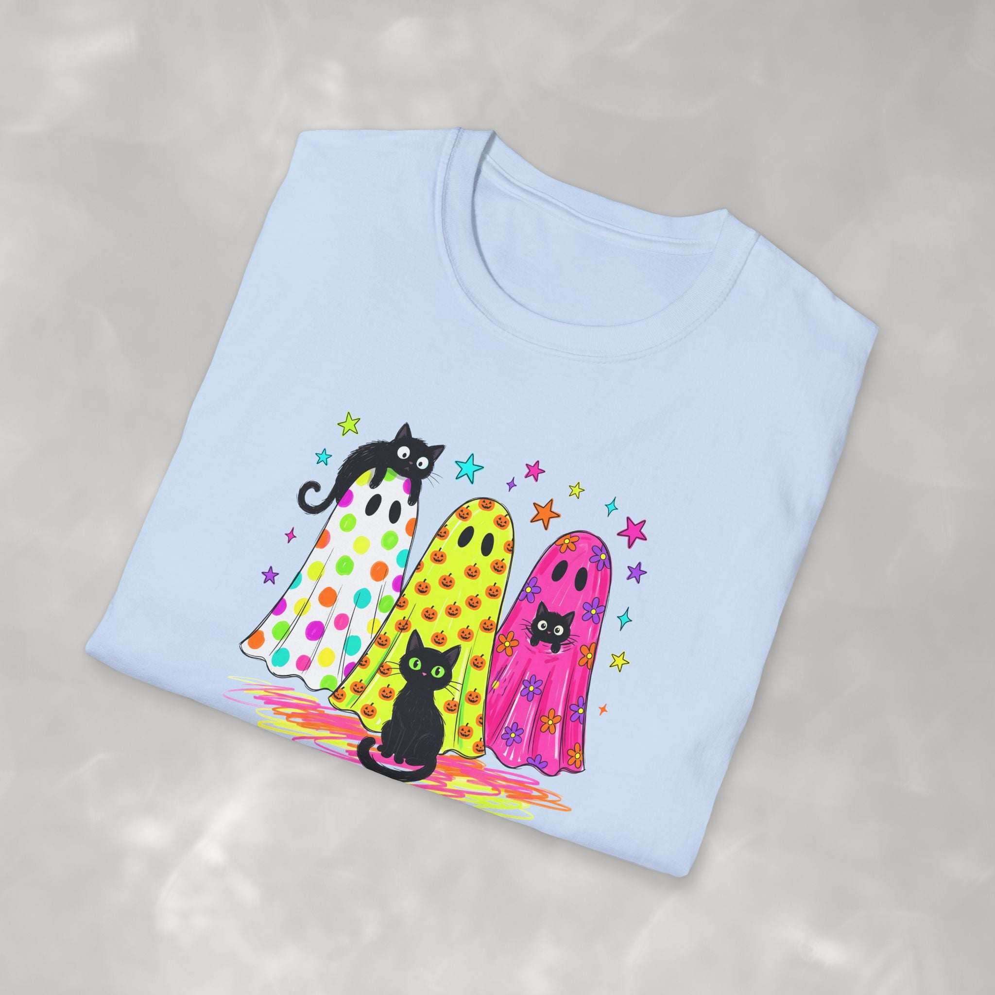 Preppy, Girly, Cute Halloween Ghosts with Cats, Gildan Unisex Softstyle T-Shirt