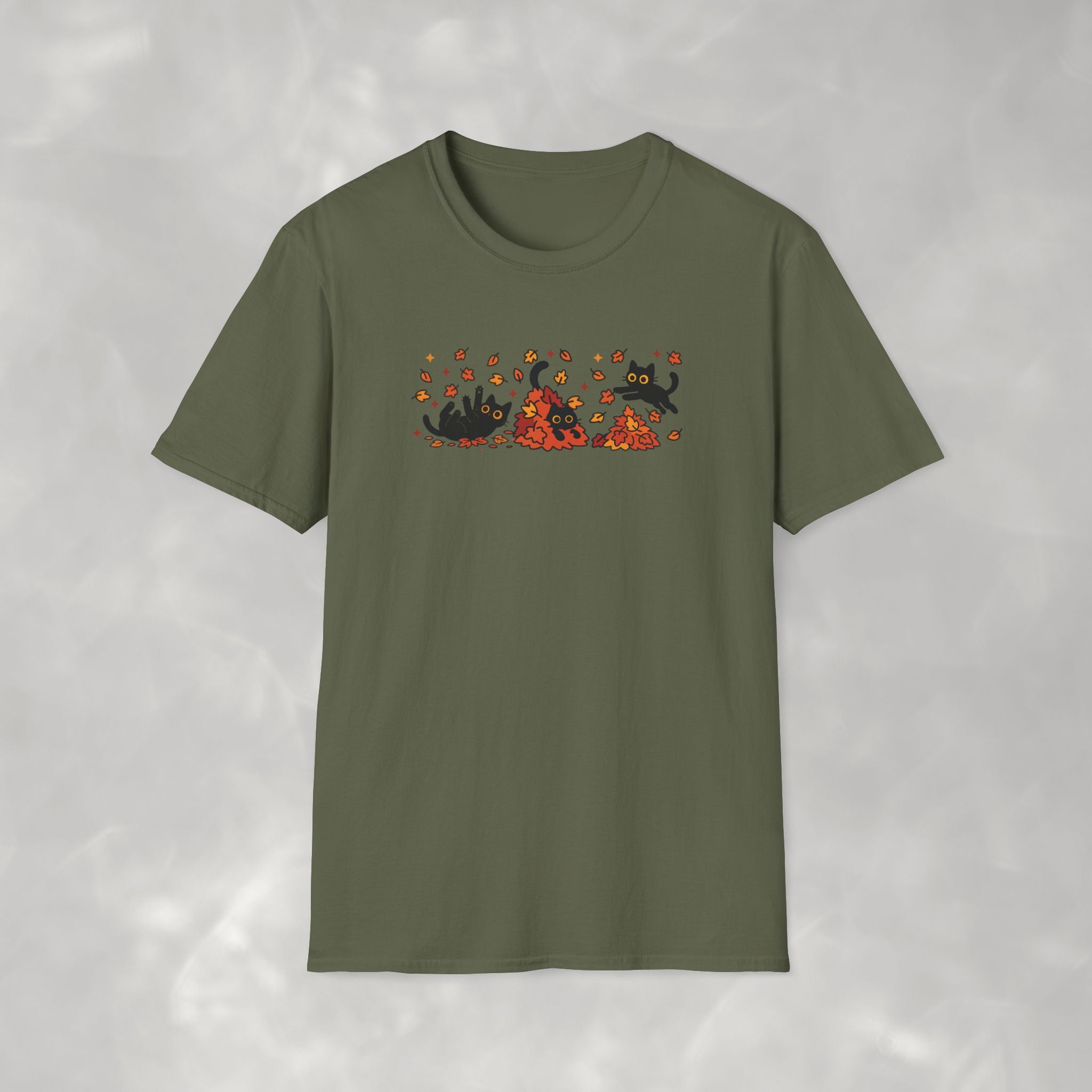 Black Cats Playing in Autum Leaves Gildan Unisex Softstyle T-Shirt