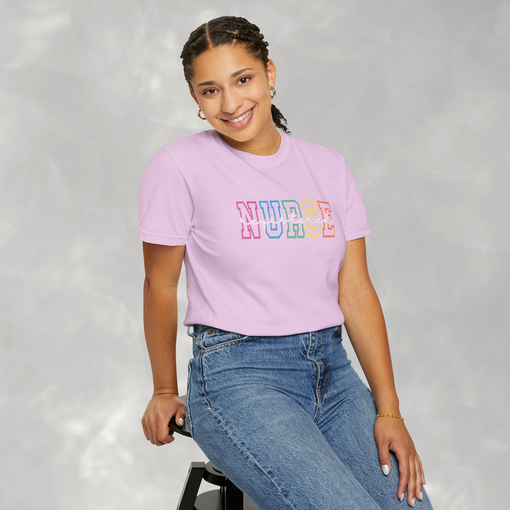 Colorful Rainbow Whimsical Varsity Registered Nurse Comfort Colors Unisex Garment-Dyed T-shirt