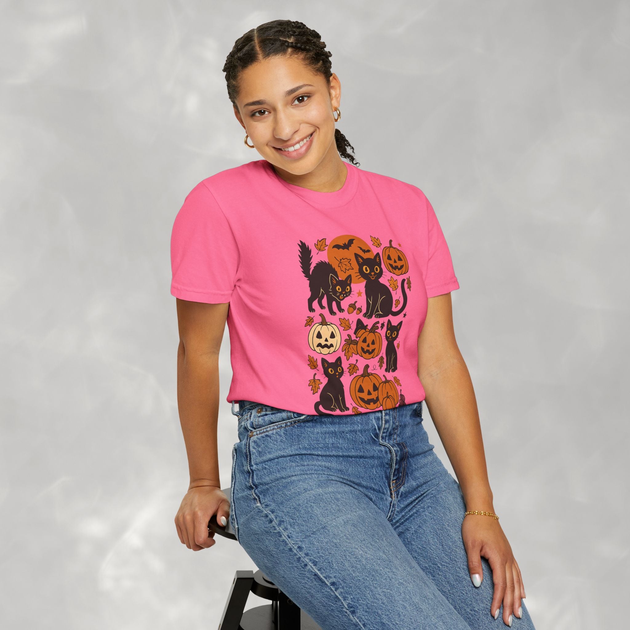 Spooky Black Cats and Jack-O-Lanterns, Unisex Comfort Colors Tee