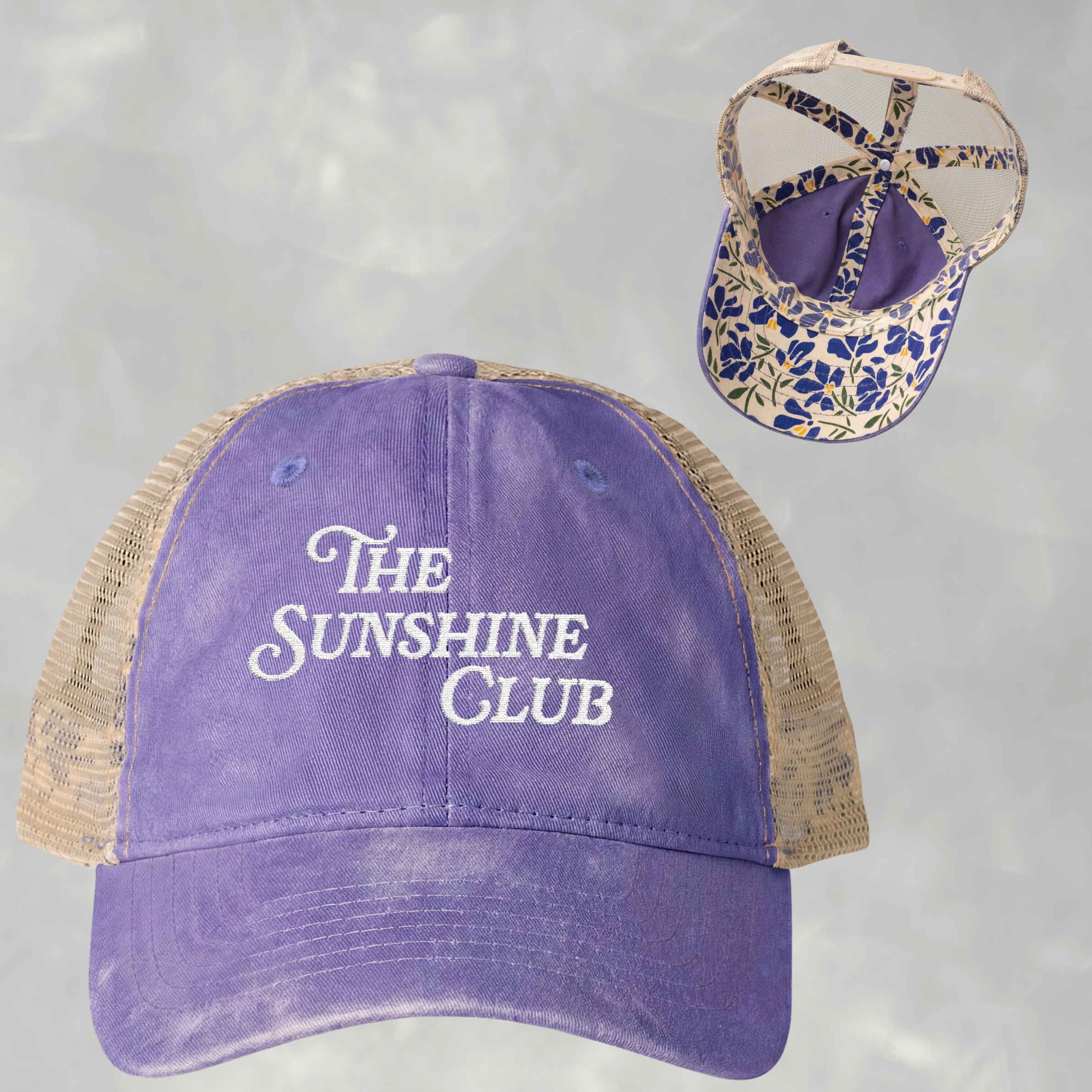 Sunshine Club Women's Embroidered Washed Mesh-Back Cap with Ponytail Opening