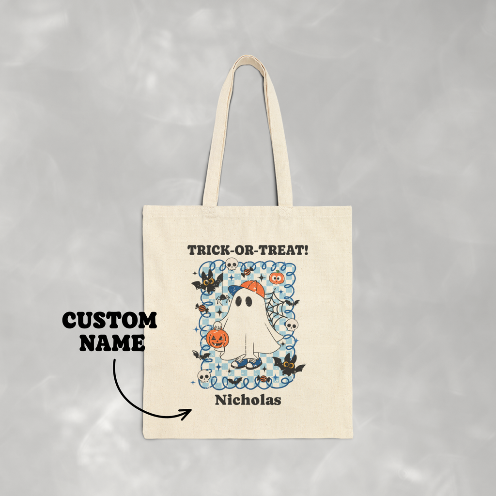 Personalized, Custom Trick-or-Treat, Halloween, Reusable Double-Sided Cotton Canvas Tote Bag for Boys
