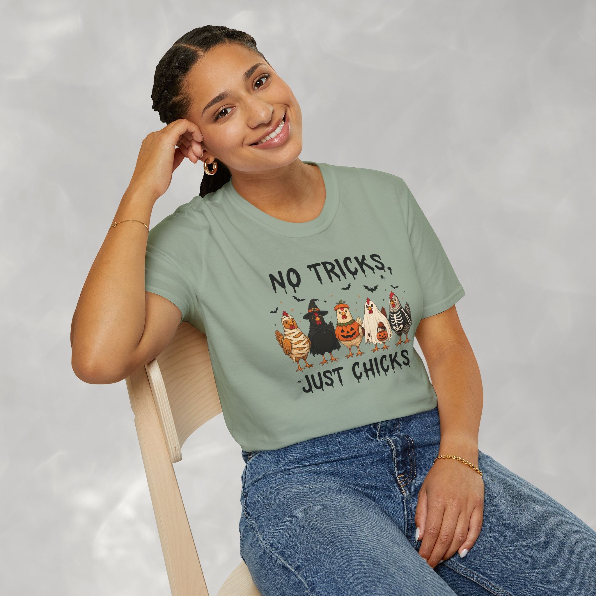 No Tricks Just Chicks, Funny Halloween Chickens in Costumes, Gildan Unisex Softstyle T-Shirt