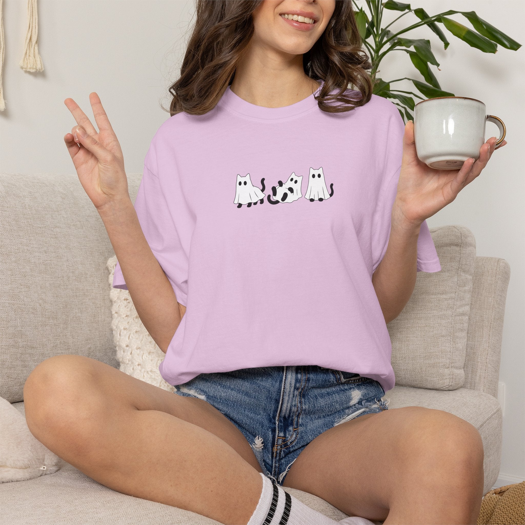 Cute Black Cat Ghosts, Haunted Kitties Halloween Comfort Colors Tee