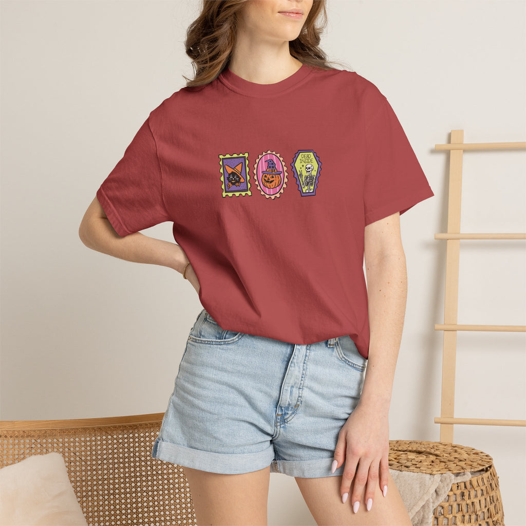 Cute Halloween Spooky Stamps with Cat, Jack-O-Lanter, Skeleton, Comfort Colors Tee
