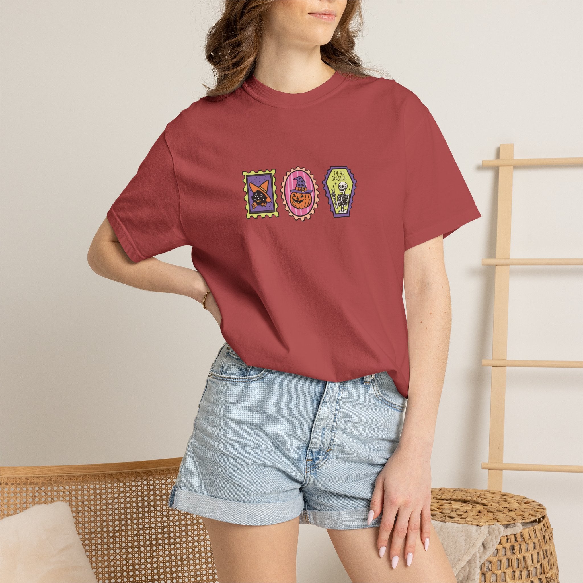 Cute Halloween Spooky Stamps with Cat, Jack-O-Lanter, Skeleton, Comfort Colors Tee