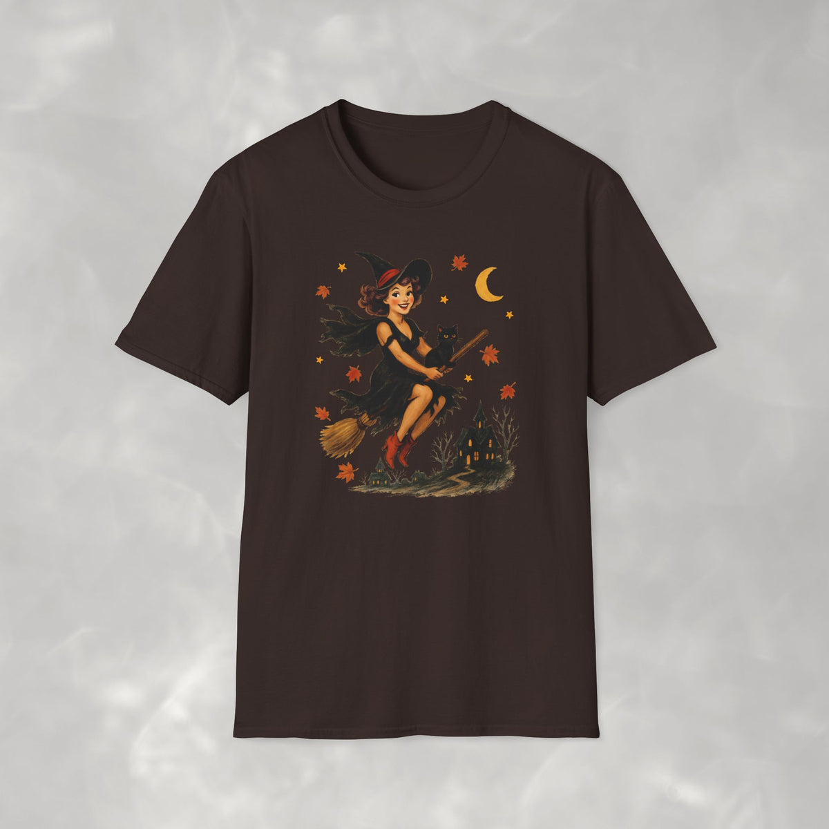 Vintage Witch Riding on Broomstick with Black Cat, Retro Halloween, Gildan Unisex Softstyle T-Shirt