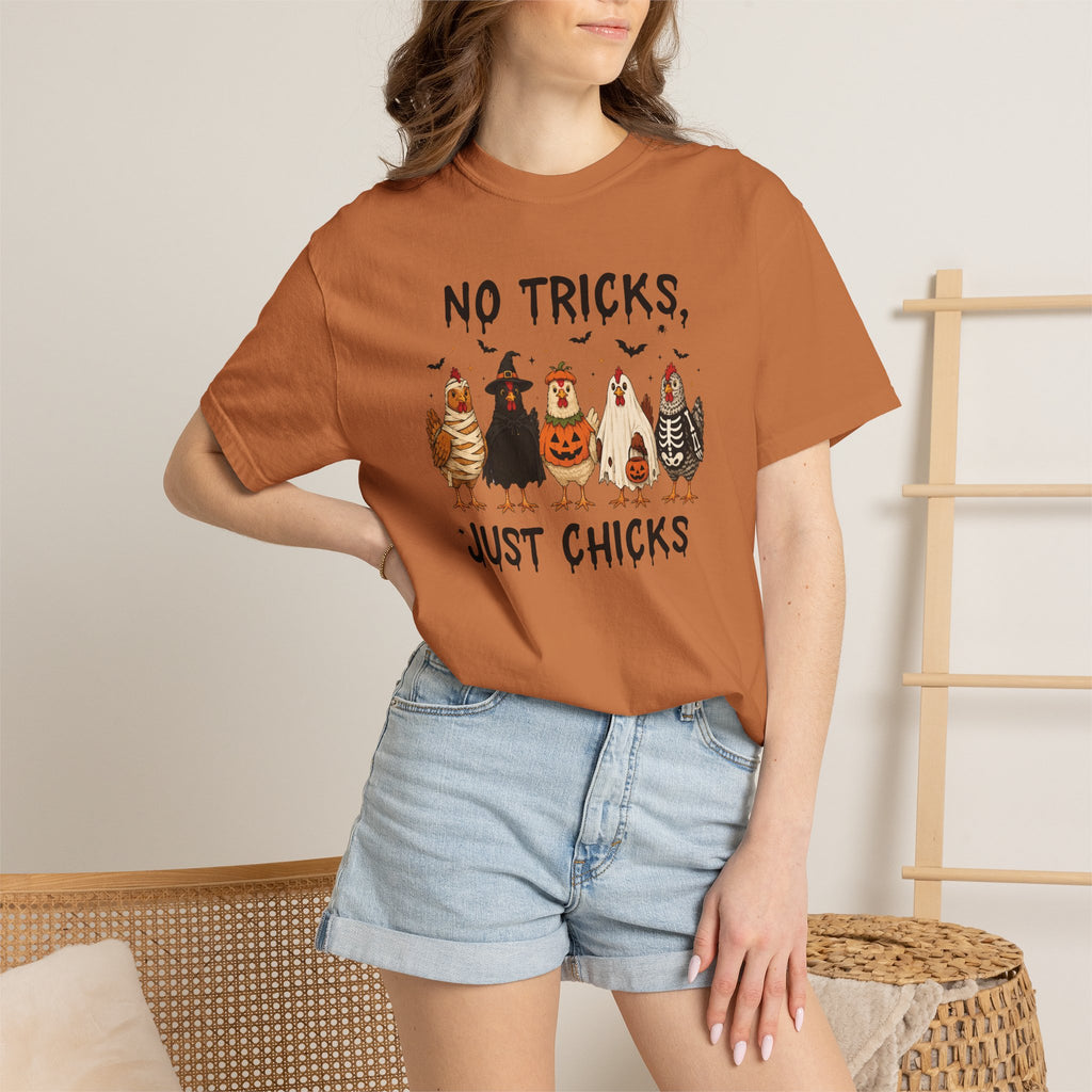No Tricks Just Chicks, Funny Halloween Chickens in Costumes, Comfort Colors Tee